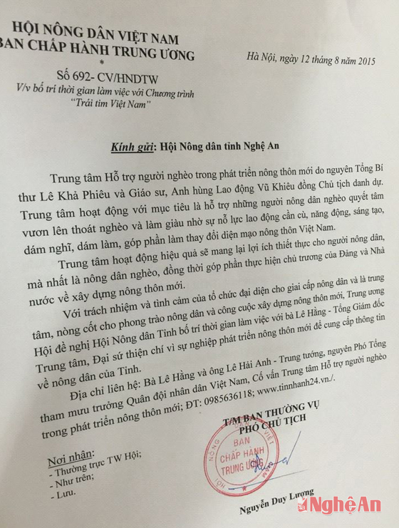 Công văn 692 của Hội nông dân Việt Nam gửi Hội nông dân tỉnh Nghệ An