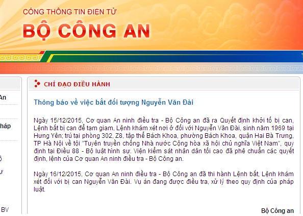 Bắt tạm giam đối tượng Nguyễn Văn Đài