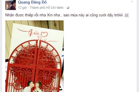 Nhận được thiệp mời đám cưới Trấn Thành - Hari Won, vũ công kiêm diễn viên Quang Đăng nhanh chóng khoe trên trang cá nhân. (Ảnh: Facebook Quang Đăng)