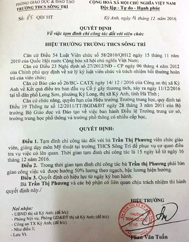 Quyết định tạm đình chỉ công tác viên chức đối với bà Trần Thị Phương.