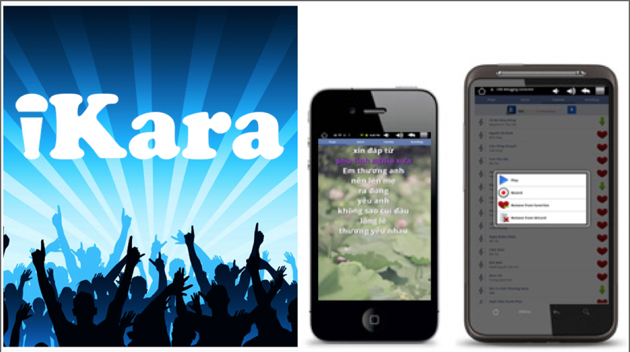 Ứng dụng hát karaoke trên di động - iKara: Hiện có rất nhiều ứng dụng hát karaoke trên di động song iKara là một trong những ứng dụng phổ biến nhất nhờ lượng bài hát lớn và sử dụng đơn giản. Ngoài chức năng hát trực tiếp với những đoạn nhạc beat không lời. Bạn còn có thể ghi âm giọng hát của mình để chia sẻ với bạn bè trên mạng xã hội, hay chat room trực tiếp trên ứng dụng iKara.