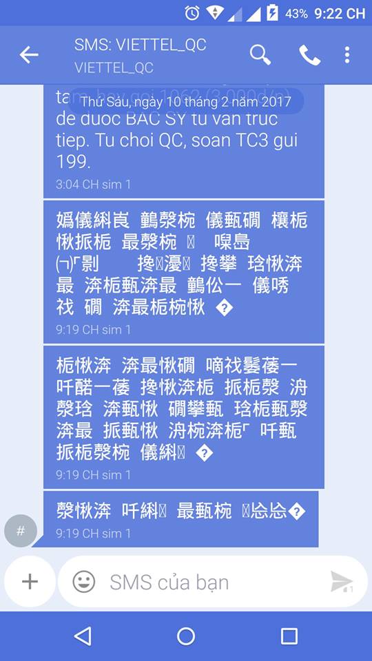 Nhiều khách hàng phản ánh hiện tượng nhận được tin quảng cáo bằng tiếng Trung Quốc từ chính tổng đài quảng cáo của Viettel