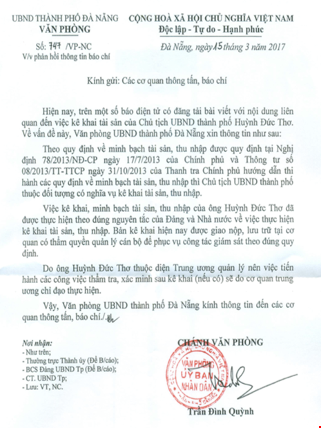 Văn bản trả lời của UBND TP Đà Nẵng