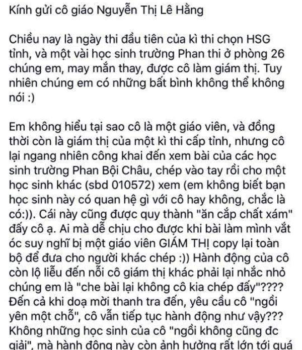 Bức tâm thư khiến dư luận đặc biệt quan tâm về kỳ thi HSG tại tỉnh Nghệ An (Ảnh chụp FB).