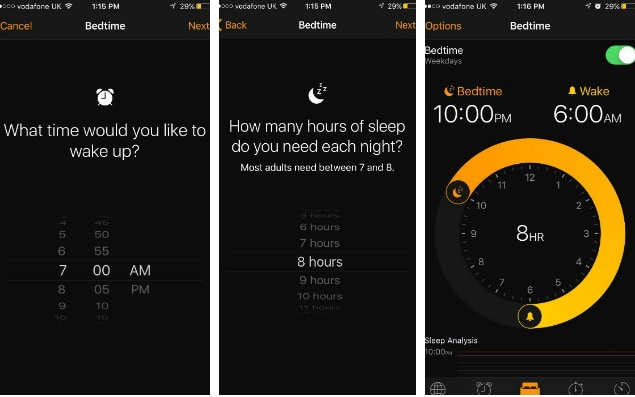  Apple mong muốn người dùng có được khoảng thời gian nghỉ ngơi tốt nhất, nên đã thêm tính năng Bedtime. Bạn có thể đặt ra mục tiêu nghỉ ngơi cho mình và thay đổi nó nếu chưa phù hợp, ví dụ như bạn đặt thời gian ngủ ban đêm là 8 tiếng từ 23h – 6h.