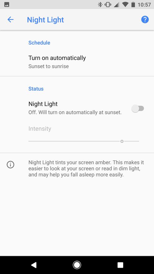 Thanh trượt ánh sáng ban đêm: Bạn có thể điều chỉnh cường độ của bộ lọc ánh sáng xanh khi sử dụng chế độ Đèn đêm của Android.