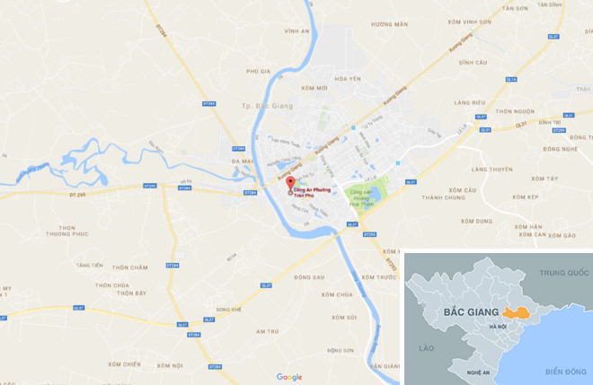 Vụ việc xảy ra ngay trước trụ sở CAP Trần Phú, TP Bắc Giang (chấm đỏ). Ảnh: Google Maps.