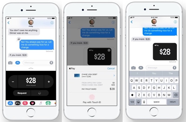 Apple Pay: trên iOS 11, bạn có thể trả tiền cho bạn bè của mình thông qua Apple Pay. Tính năng mới có thể truy cập trong Messages và Siri. Như vậy bạn có thể gửi tiền cho bạn bè và người thân hoặc ngược lại. 