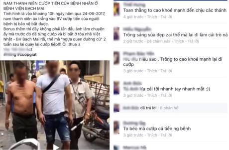 Nam thanh niên lấy tài sản của người đi chữa bệnh ở Bệnh Viện Bạch Mai bị bảo vệ bắt giữ chia sẻ trên Facebook. (Ảnh cắt từ clip)
