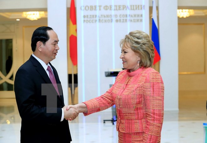 Chủ tịch nước Trần Đại Quang hội kiến với Chủ tịch Hội đồng Liên bang Nga Matvienko. (Ảnh: Nhan Sáng/TTXVN)