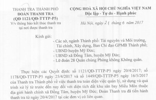 Hà Nội: Kết thúc thanh tra đất đai tại Đồng Tâm