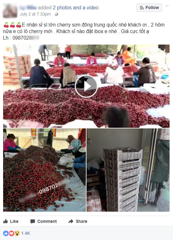 Chủ tài khoản L* *** quảng cáo về loại cherry nhập từ Sơn Đông, Trung Quốc trên mạng xã hội. Ảnh: Chụp màn hình Facebook 