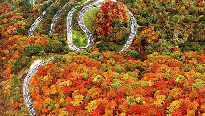 Không phải đường cao tốc, nhưng đường đèo Irohazaka ngoằn ngoèo nổi tiếng với 48 khúc cua cùng vẻ đẹp quyến rũ khó tả. Mỗi một khúc cua lần lượt được gắn cho một k‎ý tự trong 48 ký tự của bảng chữ cái tiếng Nhật.