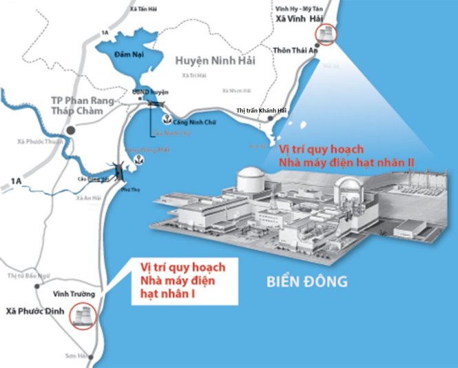 Sơ đồ dự án điện hạt nhân Ninh Thuận (gồm nhà máy I và II) - Đồ họa: Tuổi trẻ. Ảnh minh họa
