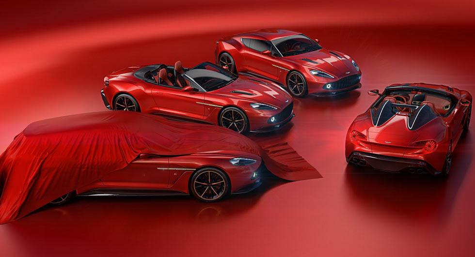 Bốn mẫu Aston Martin Vanquish Zagato Coupe, Volante, Speedster và Shooting Brake (che bạt).