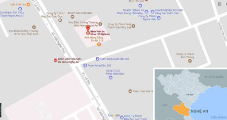Bệnh viện 115 Nghệ An (dấu đỏ), nơi xảy ra sự việc. Ảnh: Google Maps.