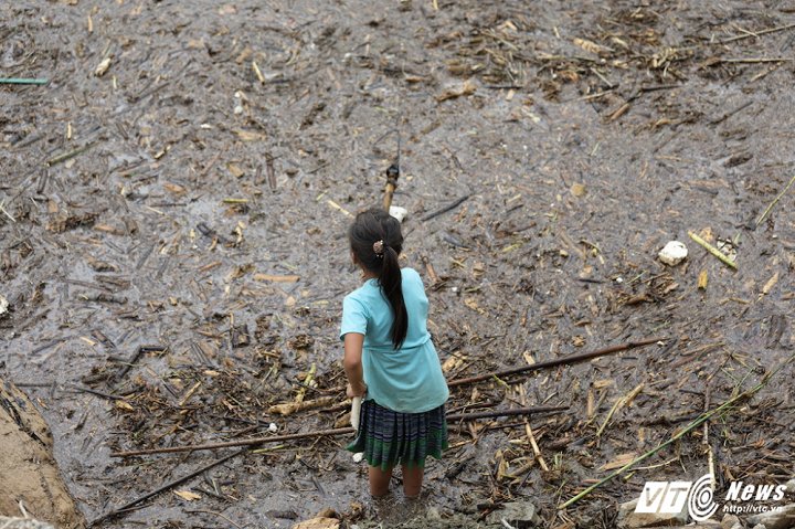 Ngay cả trẻ em cũng tham gia vớt gỗ giúp cha mẹ. Các em dùng những chiếc sào có móc kéo gỗ từ ngoài vào, tất nhiên ở khoảng cách rất gần. (Ảnh: Phong Sơn)