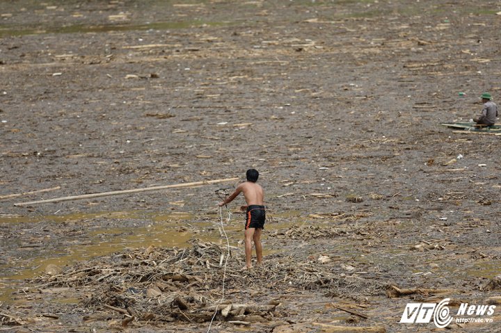 Dù chính quyền đã cảnh báo nguy hiểm nhưng người dân vẫn nô nức ra hồ vớt gỗ. (Ảnh: Phong Sơn)