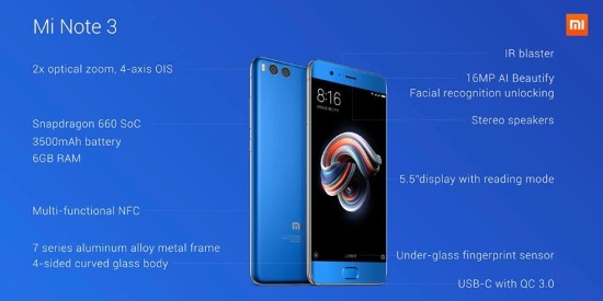 Đặc biệt Xiaomi Mi Note 3 còn được trang bị công nghệ mở khoá bằng khuôn mặt cùng với chức năng bảo mật vân tay được tích hợp vào phím Home vật lý. Thiết bị đi kèm viên pin dung lượng 3500 mAh và tích hợp công nghệ sạc nhanh Quick Charge 3.0.