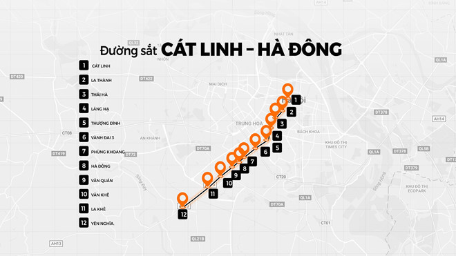 Lộ trình tuyến đường sắt Cát Linh - Hà Đông. Đồ họa: 