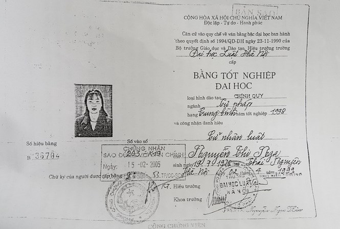 Bằng cử nhân Luật của bà Nguyễn Thị Nga - Thẩm phán TAND thành phố Thái Nguyên, tỉnh Thái Nguyên bị thu hồi.