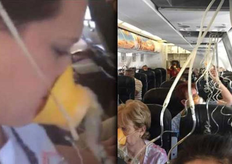Các hành khách phải đeo mặt nạ ôxy khi chiếc máy bay bất ngờ giảm độ cao xuống 6.700 m. Ảnh: TWITTER