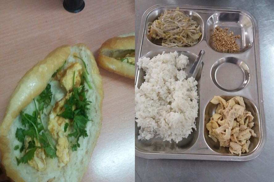 Một bữa sáng trị giá 12.000 đồng (chiếc bánh mỳ) và bữa trưa 23.000 đồng của trẻ em khiếm thị Trường Nguyễn Đình Chiểu (Hà Nội). Ảnh: phụ huynh cung cấp.