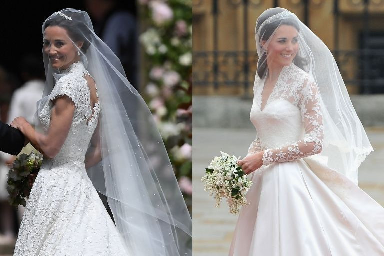 Trang Vogue cho rằng Pippa Middleton chọn trang phục cưới có nhiều điểm tương đồng với bộ đầm Công nương Kate Middleton mặc năm 2011 như chi tiết ren, khăn voan, vương miện... Váy cưới của Kate là mẫu thiết kế của nhà mốt đình đám Alexander McQueen. 