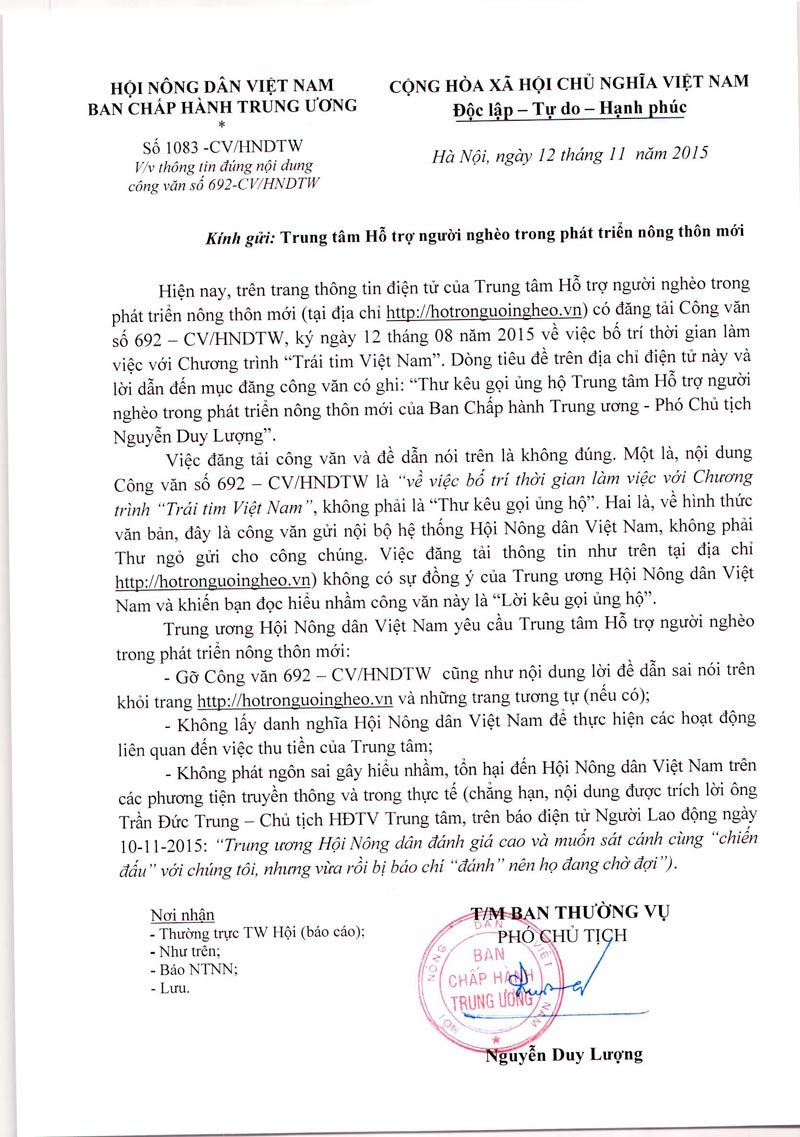 Công văn của Hội nông dân Việt Nam gửi Trung tâm hỗ trợ người nghèo trong phát triển nông thôn mới