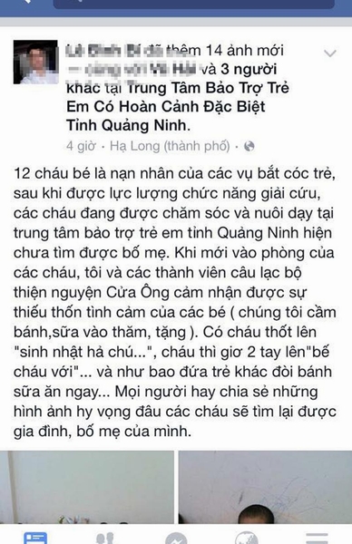 Nội dung được chia sẻ trên facebook gần đây về 12 cháu bé bị bắt cóc.
