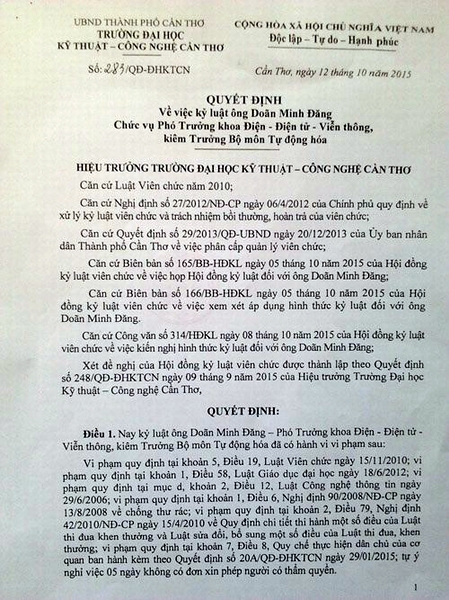 Quyết định kỷ luật ông Doãn Minh Đăng.