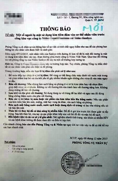Thông báo của công ty N. liên quan đến vụ việc hàng loạt công nhân bị đâm vật nhọn (kim tiêm) vào cơ thể.