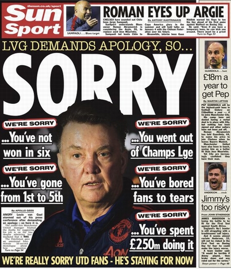 The Sun ra lời, đáp trả yêu cầu xin lỗi của ông Van Gaal!