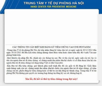 Đăng ký tiêm vắc xin qua mạng đã hết số
