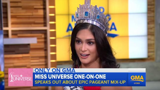 Tân Hoa hậu Hoàn vũ 2015 Pia Alonzo Wurtzbach trả lời phỏng vấn trên Good Morning America.