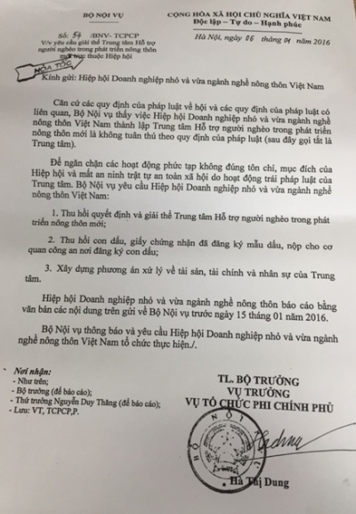 Văn bản yêu cầu giả thể Trung tâm hỗ trợ người nghèo trong phát triển nông thôn mới