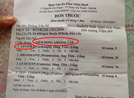 Tới đây, những bác sỹ, y sỹ kê đơn thuốc ẩu sẽ vi phạm pháp luật. Ảnh: Một đơn thuốc bị kê nhầm thuốc rối loạn cương dương cho bệnh viêm họng.