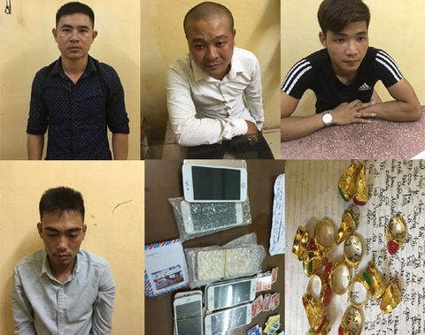 Các đối tượng từ trái qua phải: Cường, Quỳnh, Nhạn, Trường và tang vật vụ án. Ảnh: Công an Thanh Hóa