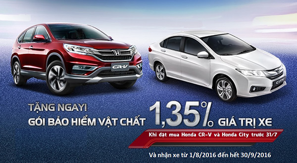 Mua Honda CR-V, City được tặng bảo hiểm vật chất