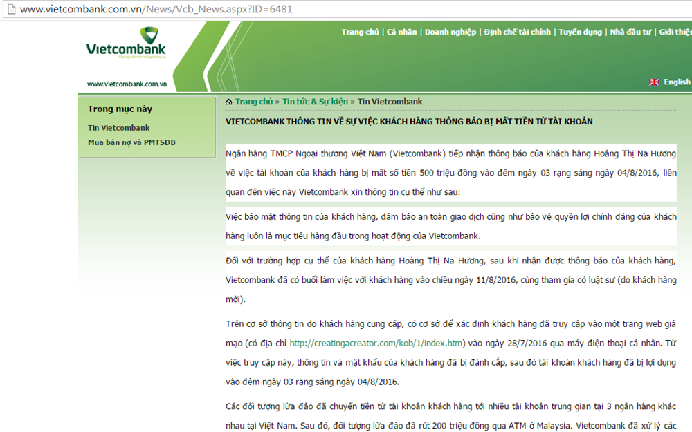 Hé lộ nguyên nhân chủ tài khoản Vietcombank bị mất 500 triệu đồng