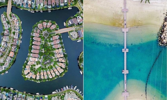 Ảnh trái là khu dân cư được quy hoạch đẹp mắt và bến thuyền Sentosa Cove. Bên phải là cầu dẫn từ đất liền ra đảo Sentosa 