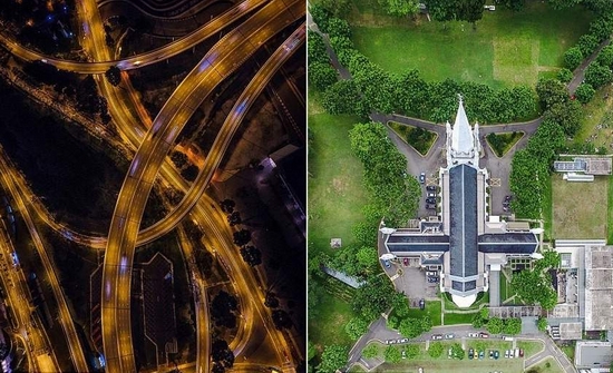  Đường phố Singapore khi lên đèn với rất ít phương tiện đi lại (trái) và nhà thờ Saint Andrew lớn nhất ở đất nước này