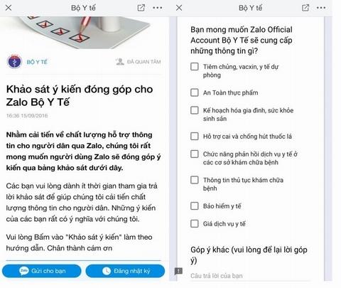 Bộ Y Tế lấy ý kiến người dân xây dựng kênh tương tác trên Zalo