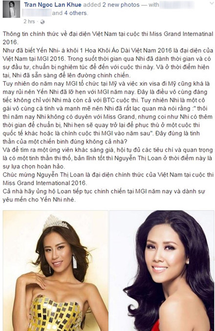 Hoa khôi Lan Khuê thông tin về việc Nguyễn Loan thay thế Yến Nhi