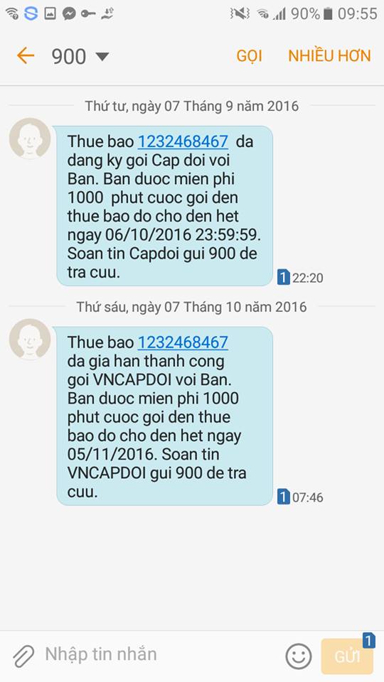 Tin nhắn thông báo đã đăng ký thành công được gửi về máy di động của khách hàng