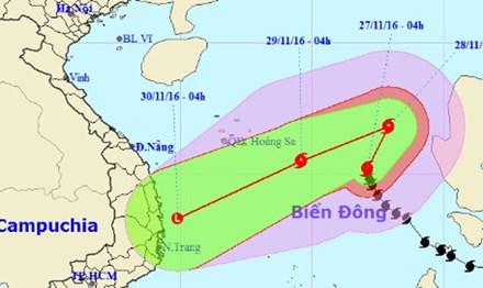 Hướng đi của bão số 9 theo dự báo của Trung tâm dự báo khí tượng thủy văn Trung ương. Ảnh: NCHMF.