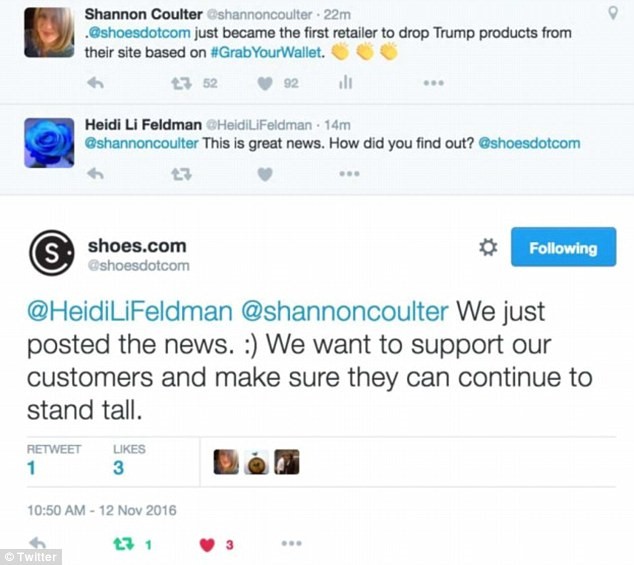 Shoes.com tuyên bố ủng hộ chiến dịch tẩy chay đồ thời trang của con gái Donald Trump trên Twitter. 