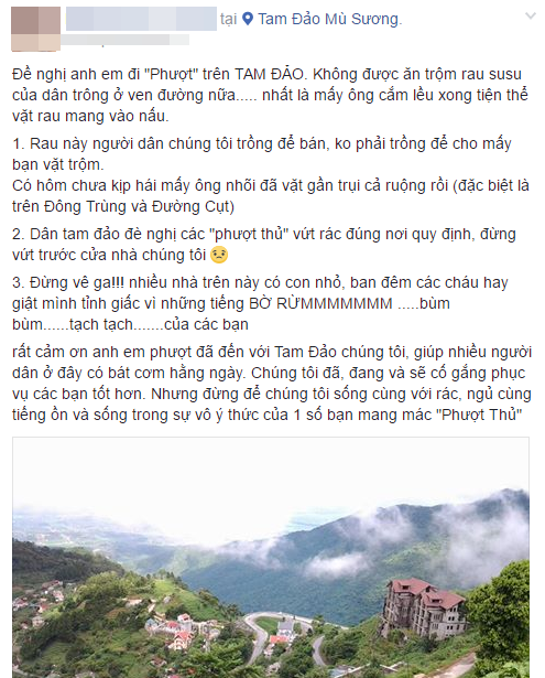 Bài viết chia sẻ về sự thiếu ý thức của 1 số phượt thủ khi đến với Tam Đảo. Ảnh chụp màn hình.