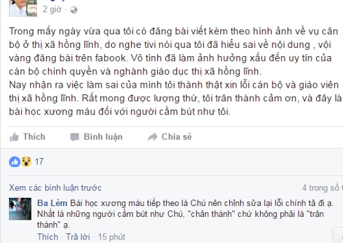 Chủ tài khoản Facebook xin lỗi vụ bịa đặt về giáo viên