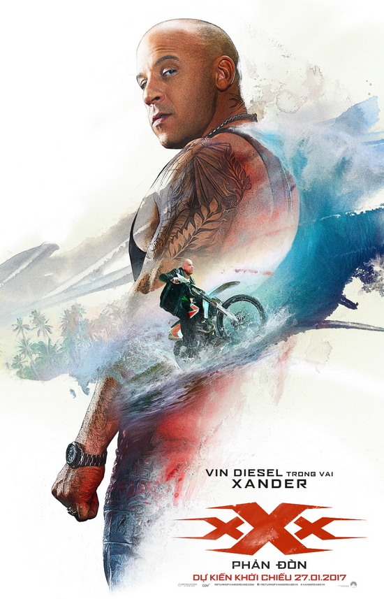 2.    xXx: The Return of Xander Cage (tựa Việt: xXx: Phản Đòn) – Dự kiến khởi chiếu 27/1/2016  Bộ phim xoay quanh nhân vật Xander Cage - một vận động viên thể thao mạo hiểm bất đắc dĩ phải làm việc cho cơ quan an ninh quốc gia Mỹ. Để thực hiện một nhiệm vụ nguy hiểm, Xander Cage đã tập hợp một nhóm gồm những “người giỏi, liều lĩnh và hoàn toàn điên rồ” để hỗ trợ mình.
